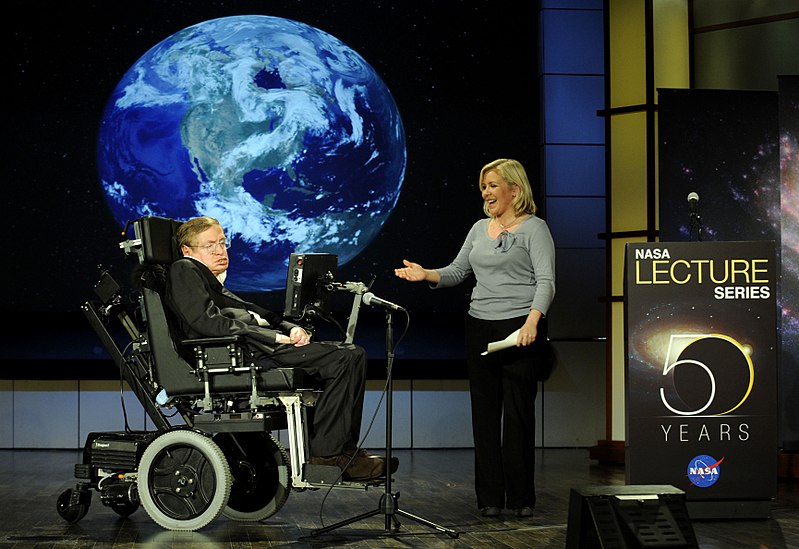 Stephen Hawking on stage at the NASA Lecture Series