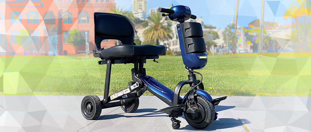 V8 iLiving lightweight folding mobility scooter (with a polygon style background pattern)